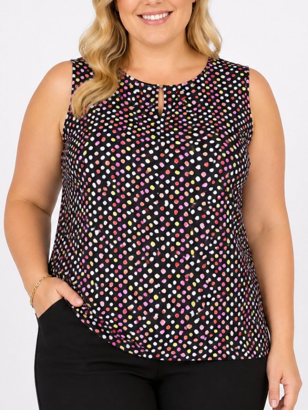 Kasper 2X Sleeveless Blouse Black Multicolor Polka Dot Career Top Plus Size